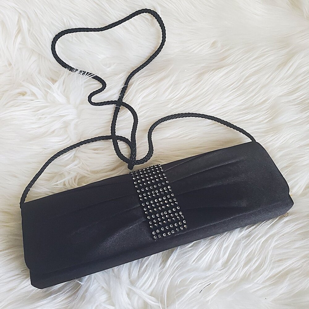 Black Satin Pleated Evening Clutch with Silver Rhinestone Band
